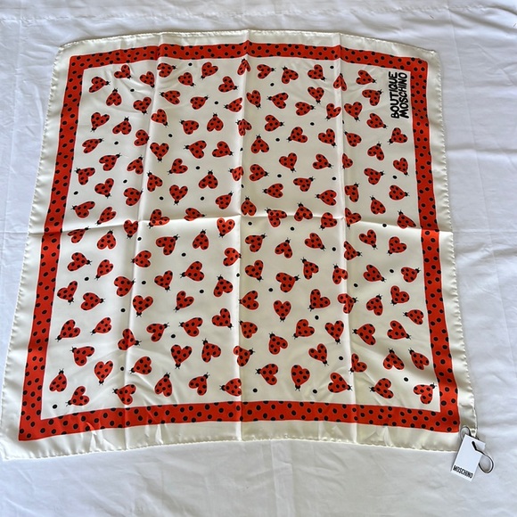 Moschino Accessories - Moschino Boutique Silk Scarf Red Heart Lady Bugs 26”x26”